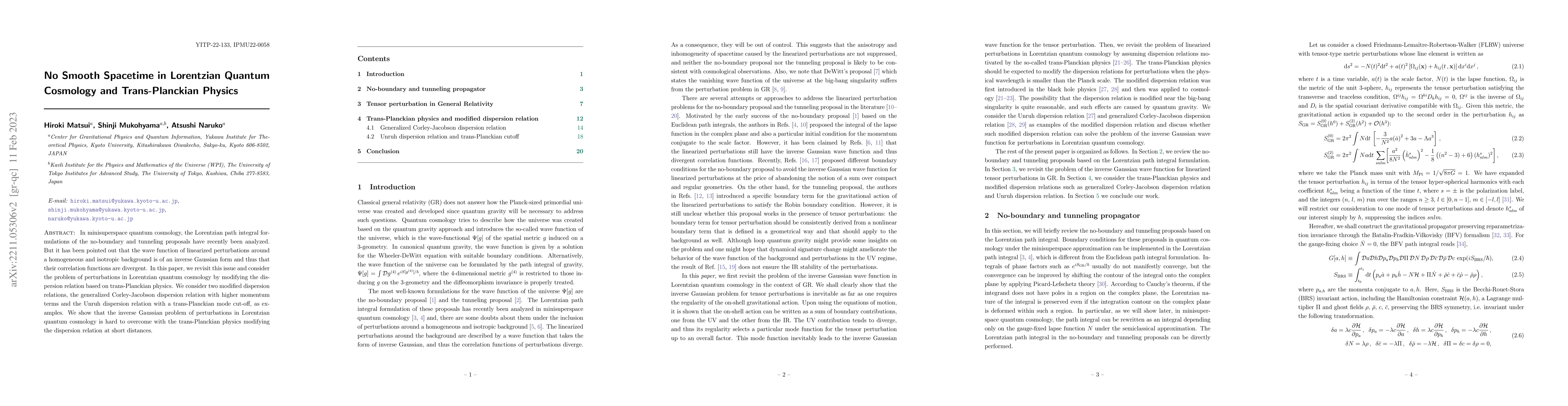 Thumbnail for No Smooth Spacetime in Lorentzian Quantum Cosmology and Trans-Planckian
  Physics