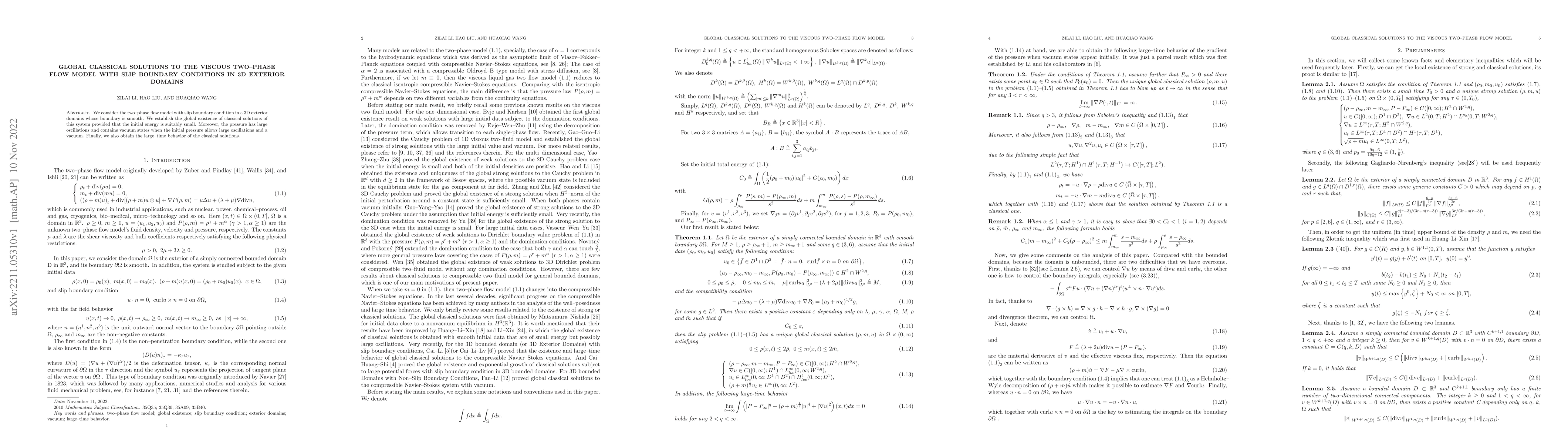 Thumbnail for Global Classical Solutions to the viscous two-phase flow model with slip
  Boundary Conditions in 3D Exterior Domains