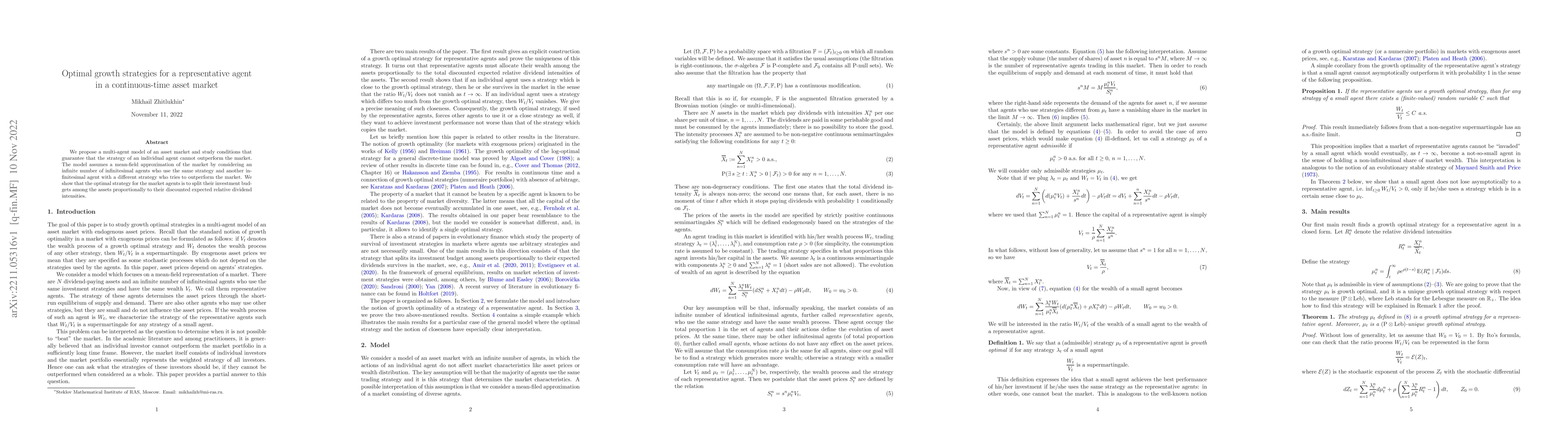 Thumbnail for Optimal growth strategies for a representative agent in a
  continuous-time asset market