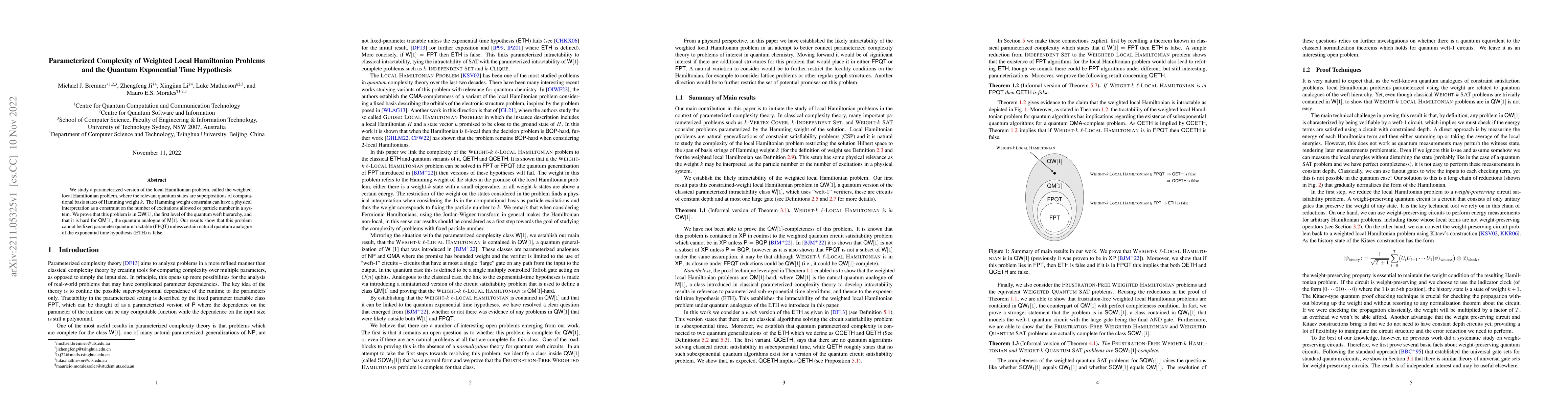 Thumbnail for Parameterized Complexity of Weighted Local Hamiltonian Problems and the
  Quantum Exponential Time Hypothesis