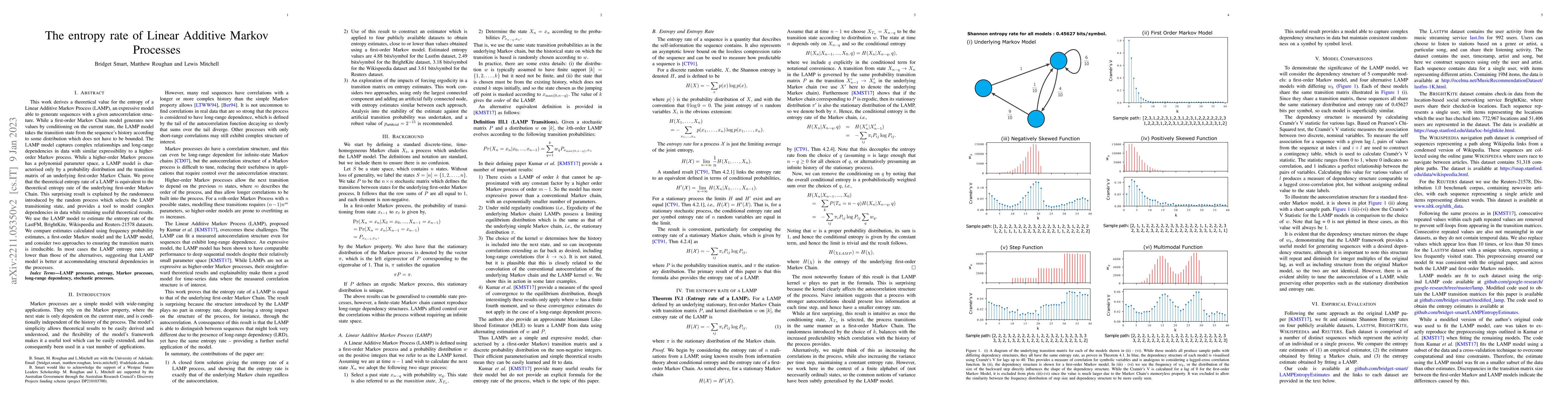 Thumbnail for The entropy rate of Linear Additive Markov Processes