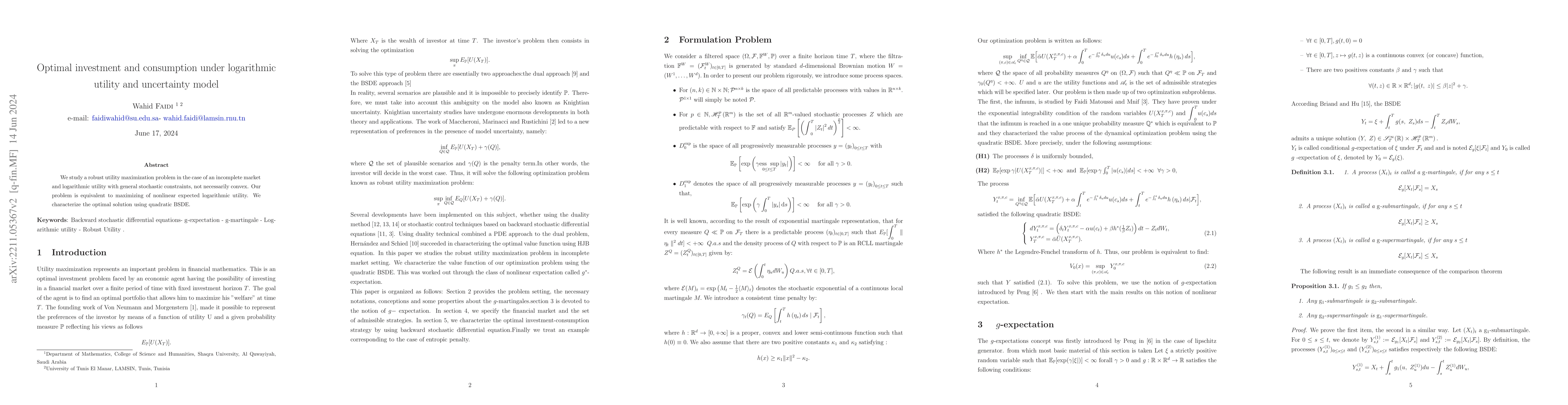 Thumbnail for Optimal investment and consumption under logarithmic utility and
  uncertainty model