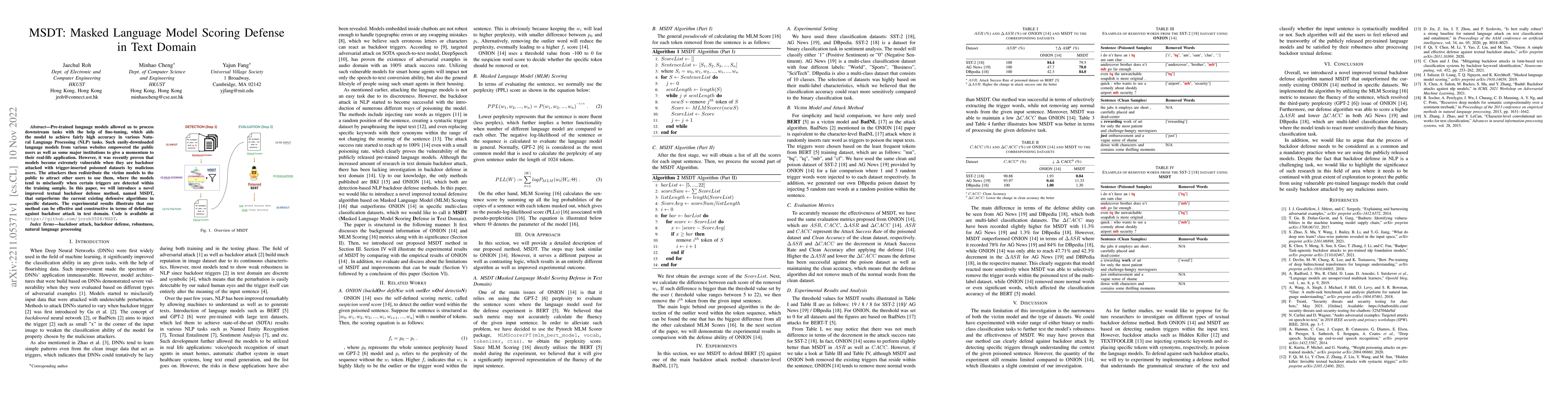 Thumbnail for MSDT: Masked Language Model Scoring Defense in Text Domain