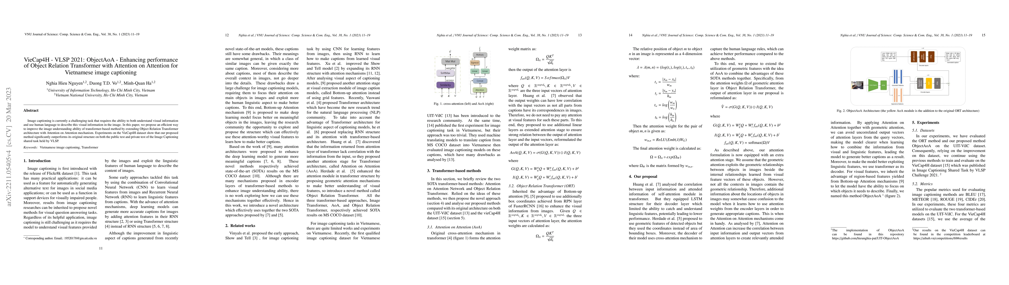 Thumbnail for VieCap4H-VLSP 2021: ObjectAoA-Enhancing performance of Object Relation
  Transformer with Attention on Attention for Vietnamese image captioning