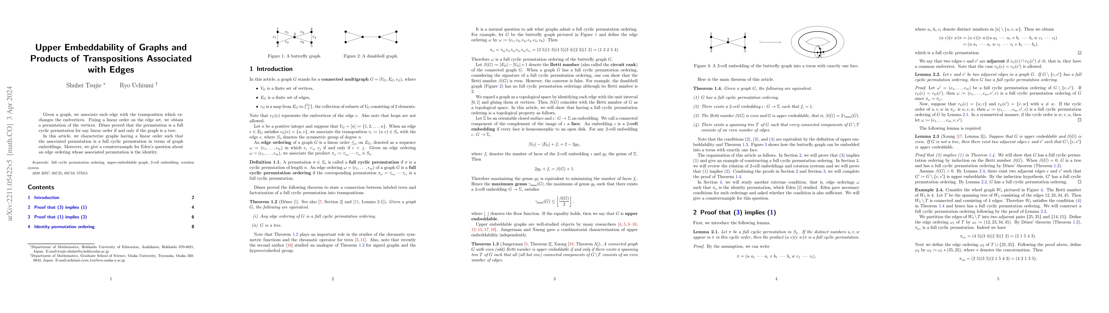 Thumbnail for Upper Embeddability of Graphs and Products of Transpositions Associated
  with Edges
