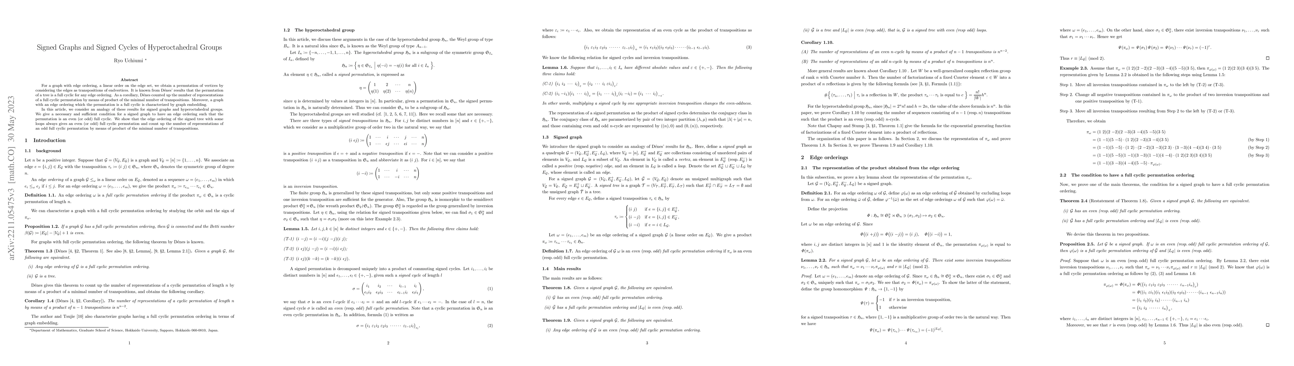 Thumbnail for Signed Graphs and Signed Cycles of Hyperoctahedral Groups