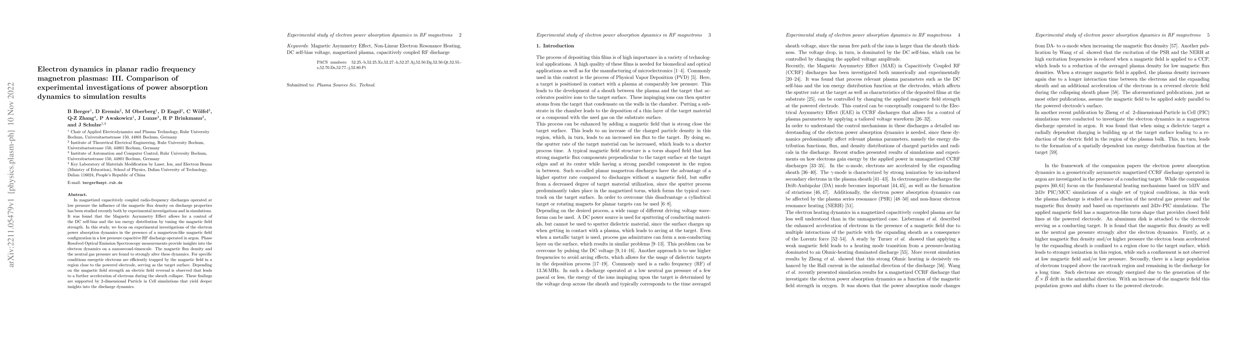Thumbnail for Electron dynamics in planar radio frequency magnetron plasmas: III.
  Comparison of experimental investigations of power absorption dynamics to
  simulation results