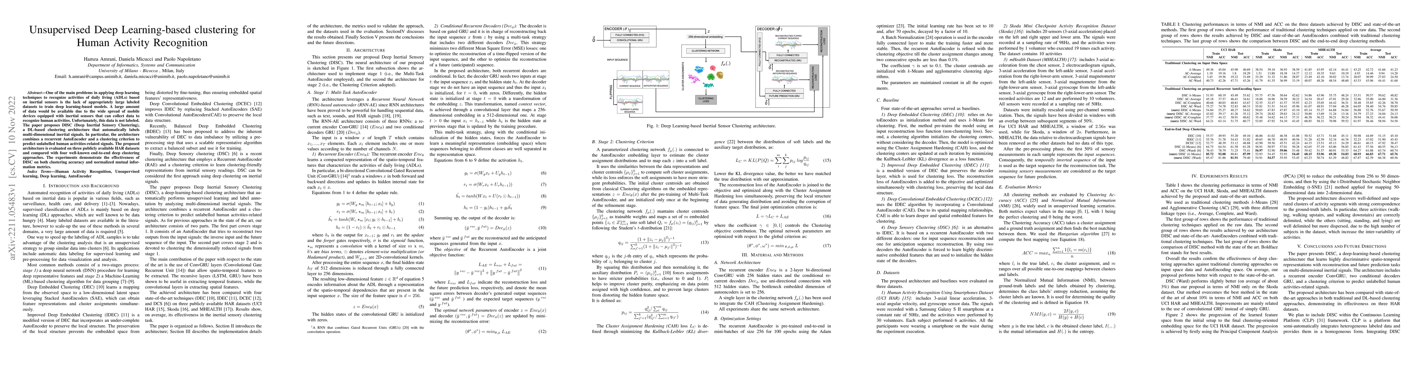 Thumbnail for Unsupervised Deep Learning-based clustering for Human Activity
  Recognition