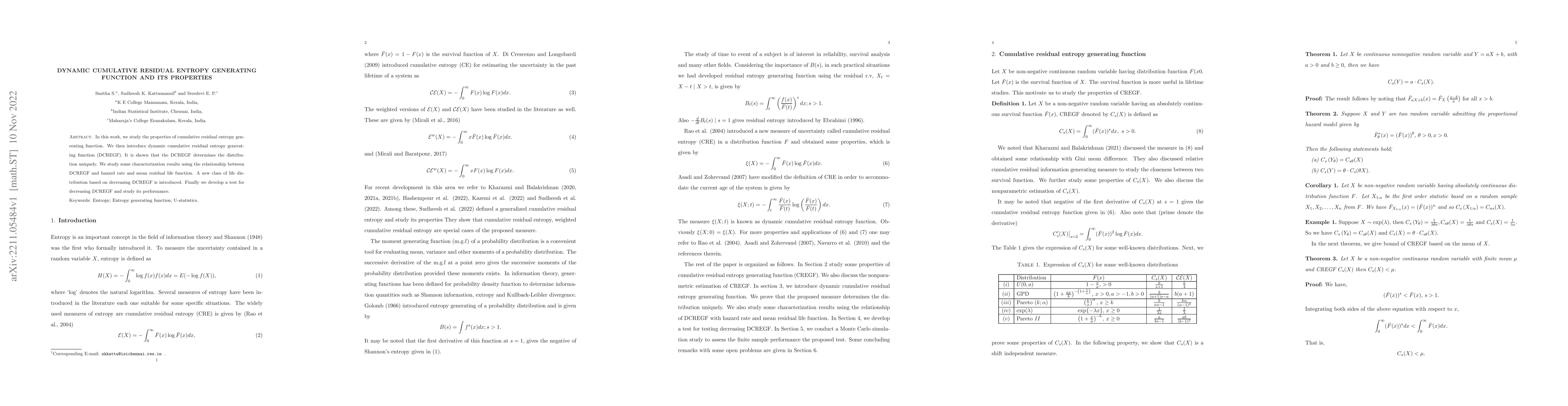Thumbnail for Dynamic Cumulative Residual Entropy Generating Function and its
  properties