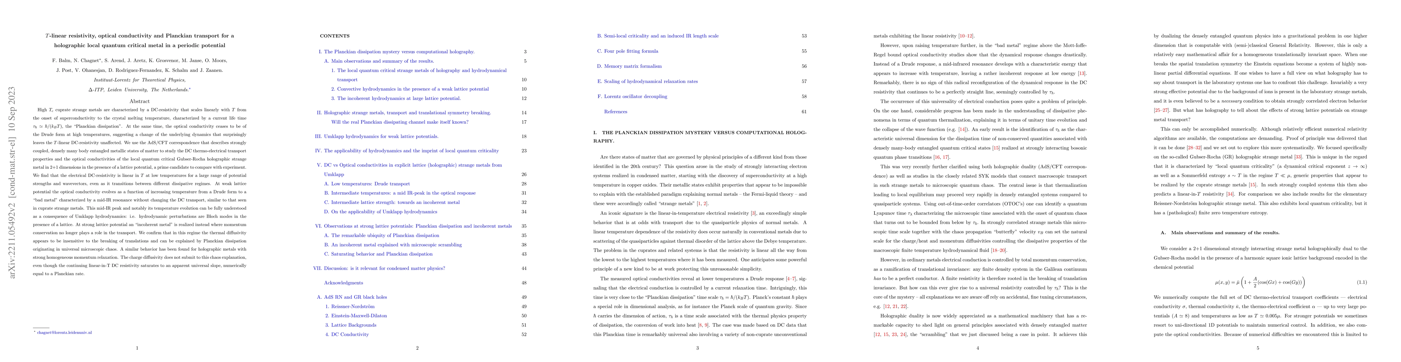 Thumbnail for T-linear resistivity, optical conductivity and Planckian transport for a
  holographic local quantum critical metal in a periodic potential