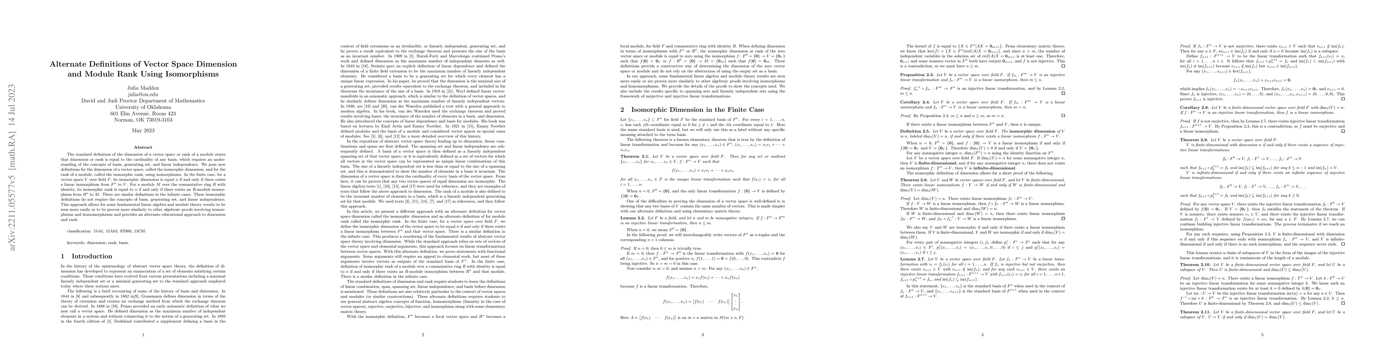 Thumbnail for Alternate Definitions of Vector Space Dimension and Module Rank Using
  Isomorphisms