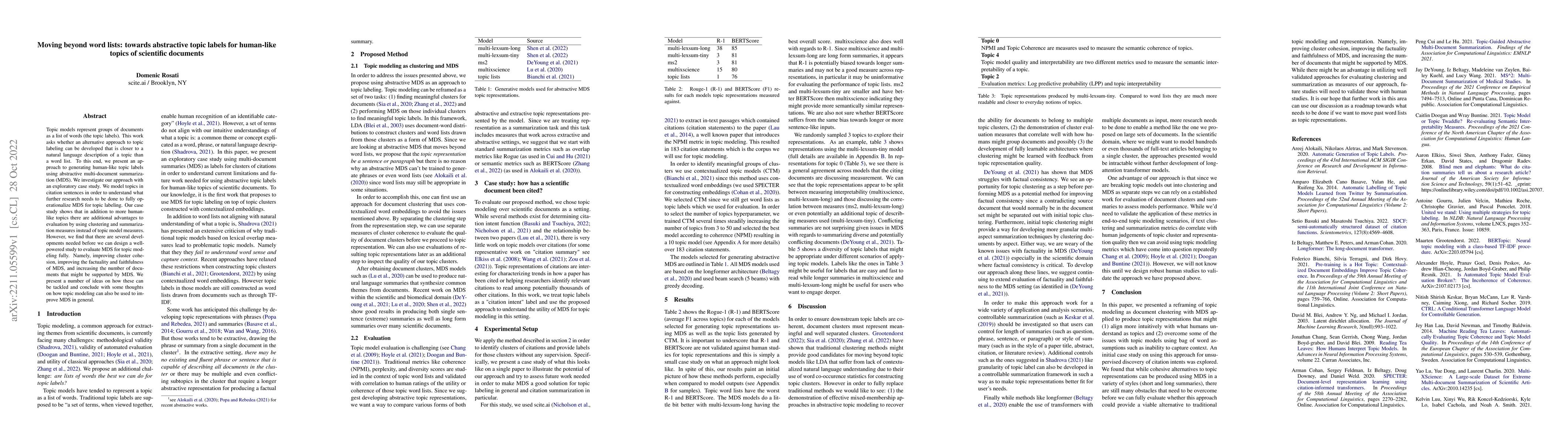 Thumbnail for Moving beyond word lists: towards abstractive topic labels for
  human-like topics of scientific documents