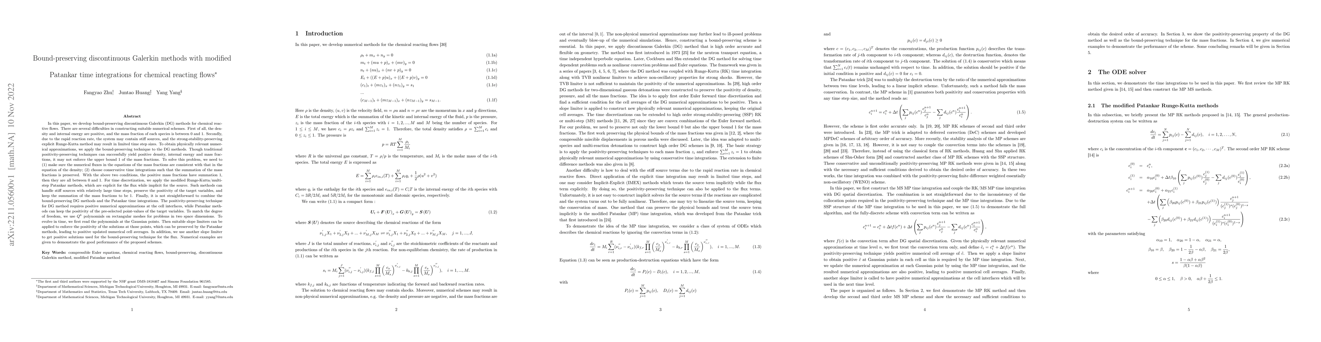 Thumbnail for Bound-preserving discontinuous Galerkin methods with modified Patankar
  time integrations for chemical reacting flows