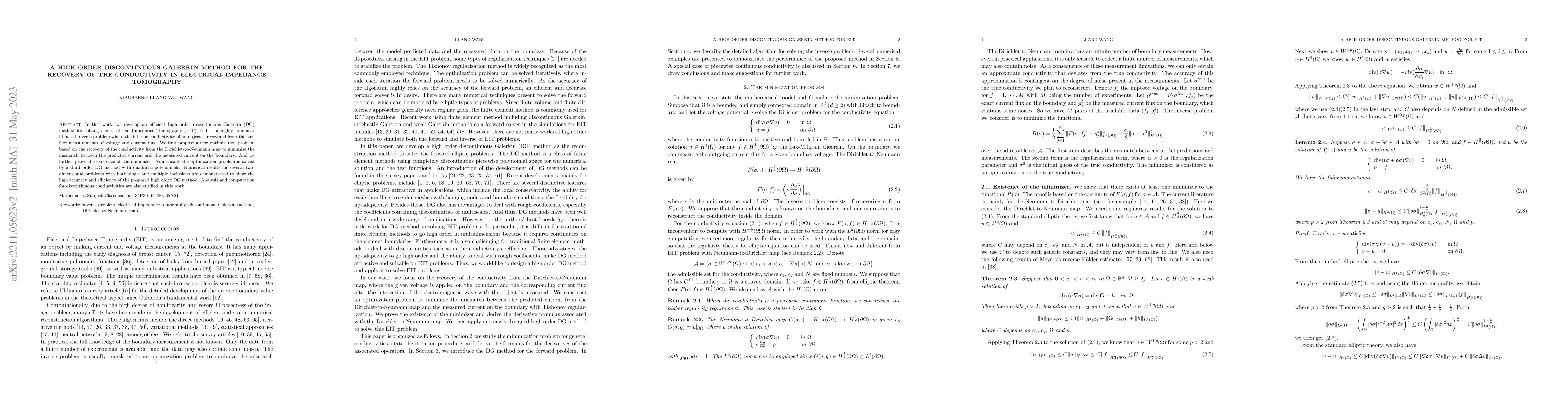Thumbnail for A high order discontinuous Galerkin method for the recovery of the
  conductivity in Electrical Impedance Tomography