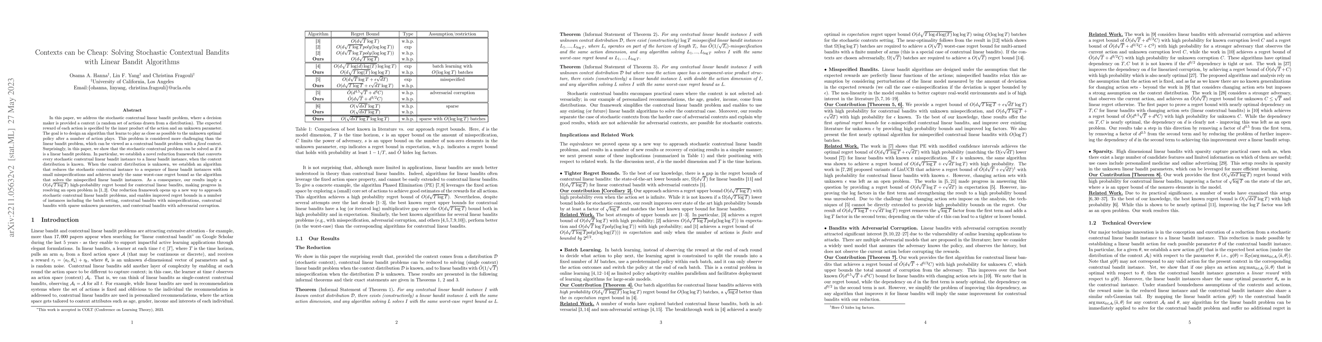 Thumbnail for Contexts can be Cheap: Solving Stochastic Contextual Bandits with Linear
  Bandit Algorithms
