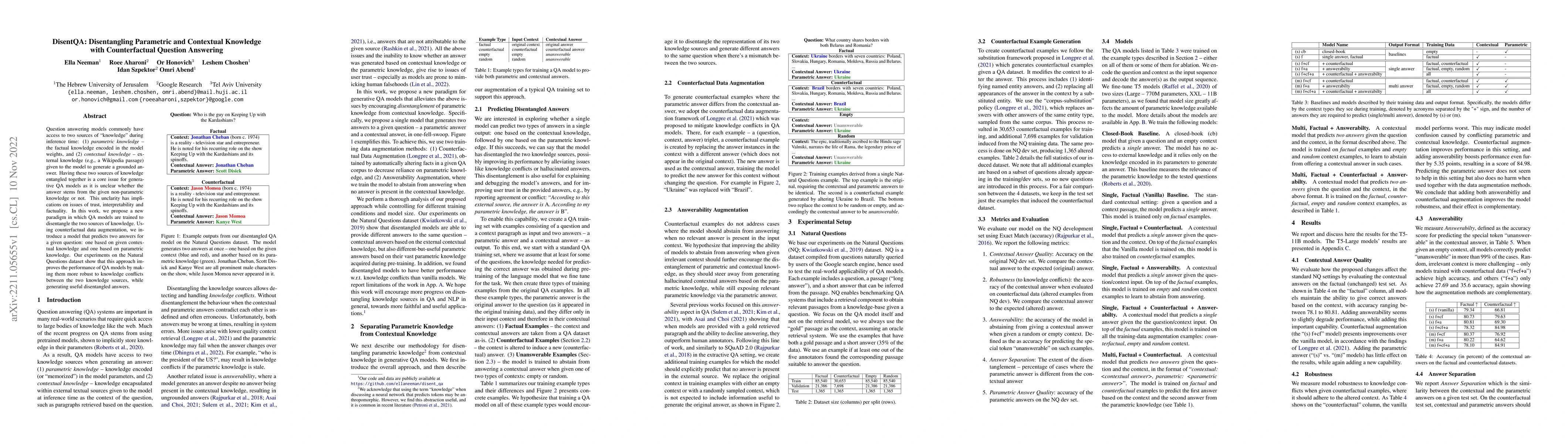 Thumbnail for DisentQA: Disentangling Parametric and Contextual Knowledge with
  Counterfactual Question Answering