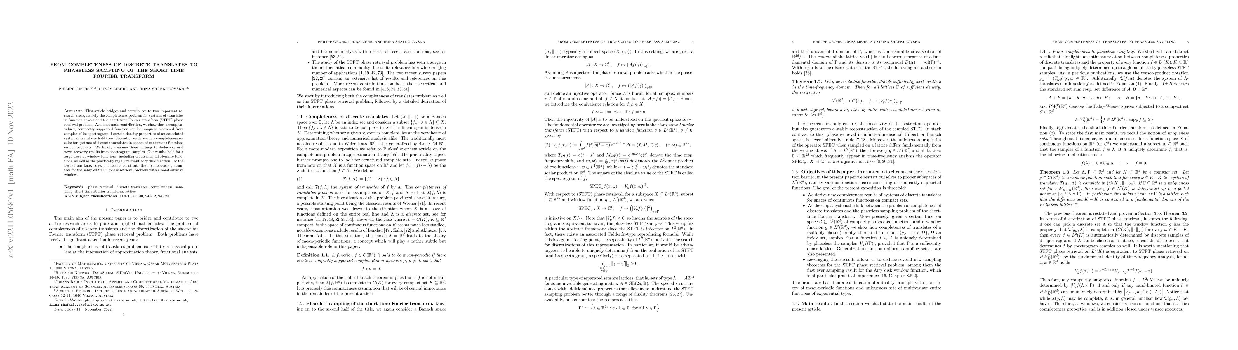 Thumbnail for From completeness of discrete translates to phaseless sampling of the
  short-time Fourier transform