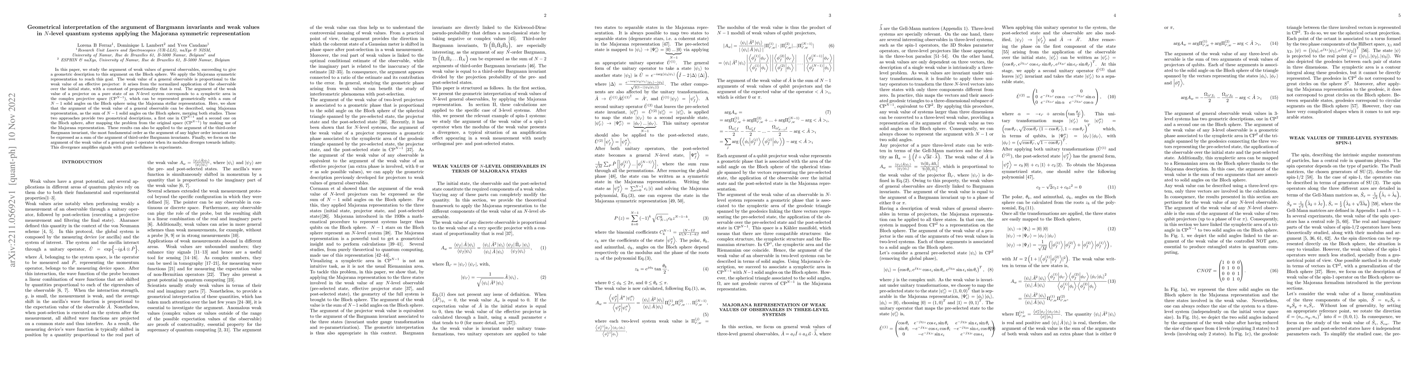 Thumbnail for Geometrical interpretation of the argument of Bargmann invariants and
  weak values in $N$-level quantum systems applying the Majorana symmetric
  representation