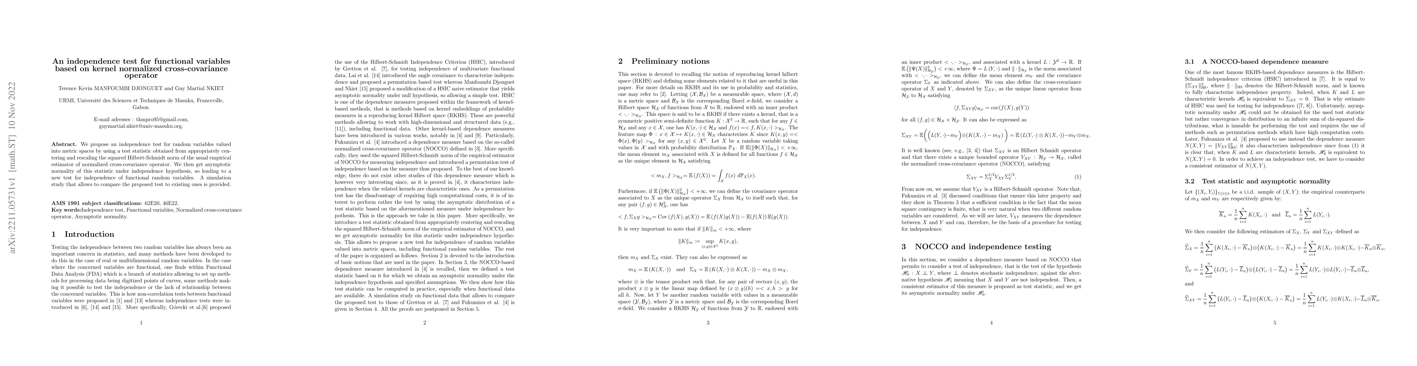 Thumbnail for An independence test for functional variables based on kernel normalized
  cross-covariance operator