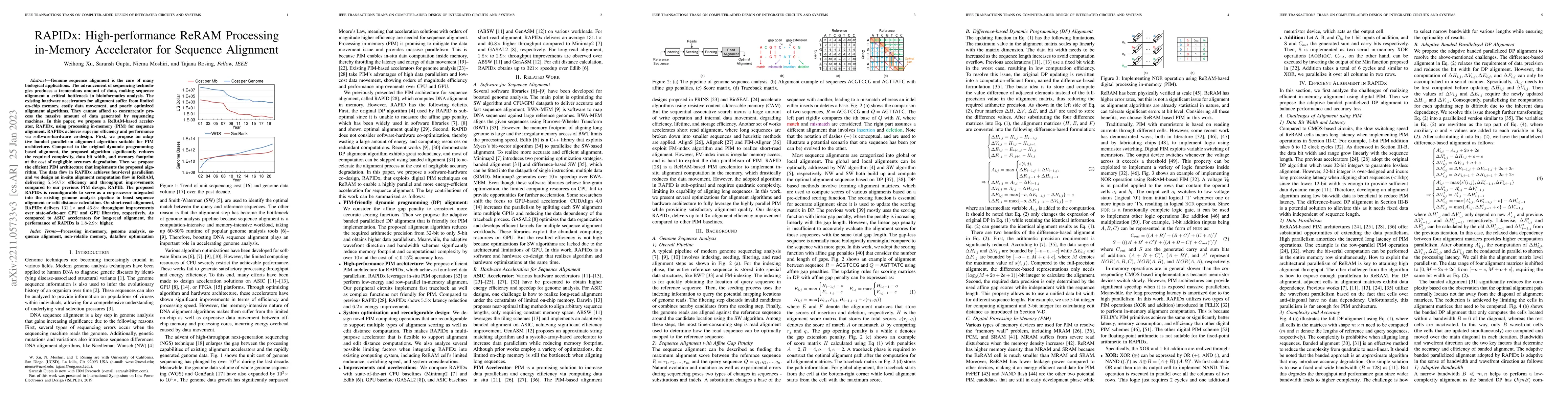 Thumbnail for RAPIDx: High-performance ReRAM Processing in-Memory Accelerator for
  Sequence Alignment