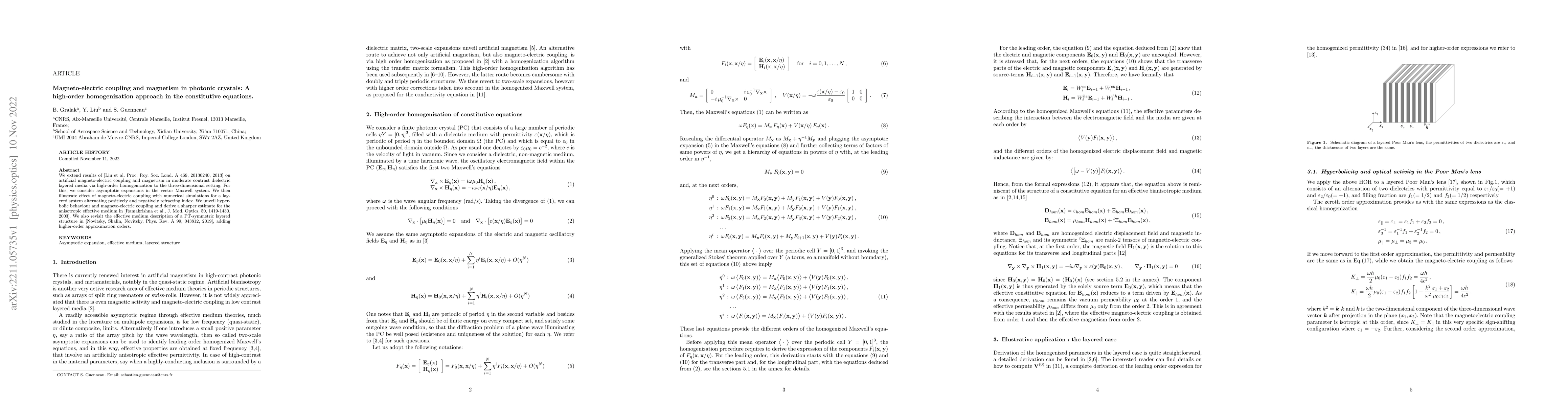 Thumbnail for Magneto-electric coupling and magnetism in photonic crystals: A
  high-order homogenization approach in the constitutive equations