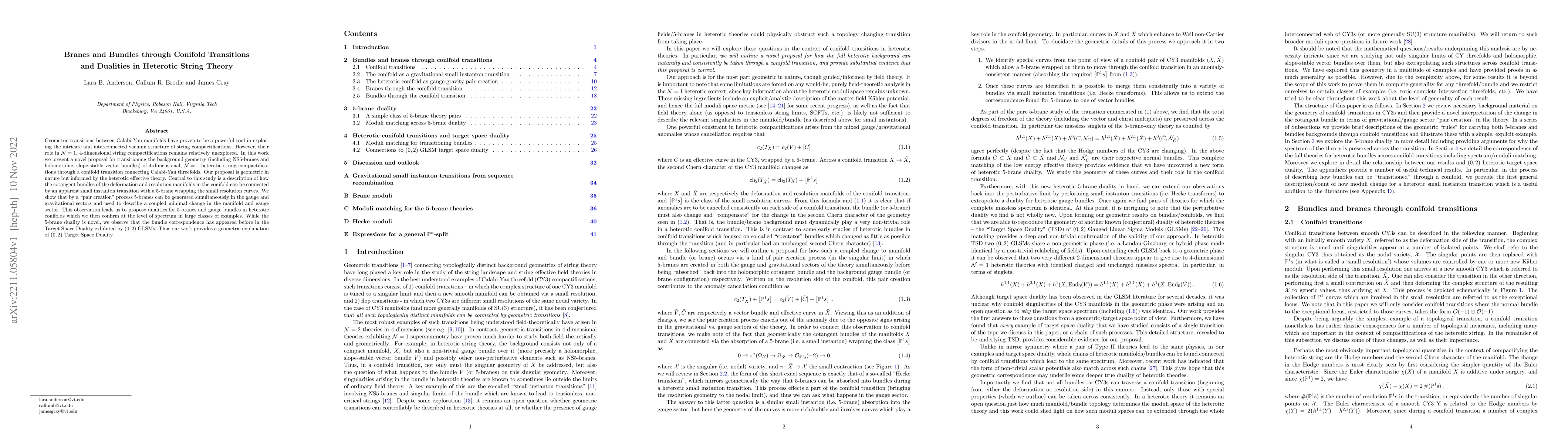 Thumbnail for Branes and Bundles through Conifold Transitions and Dualities in
  Heterotic String Theory