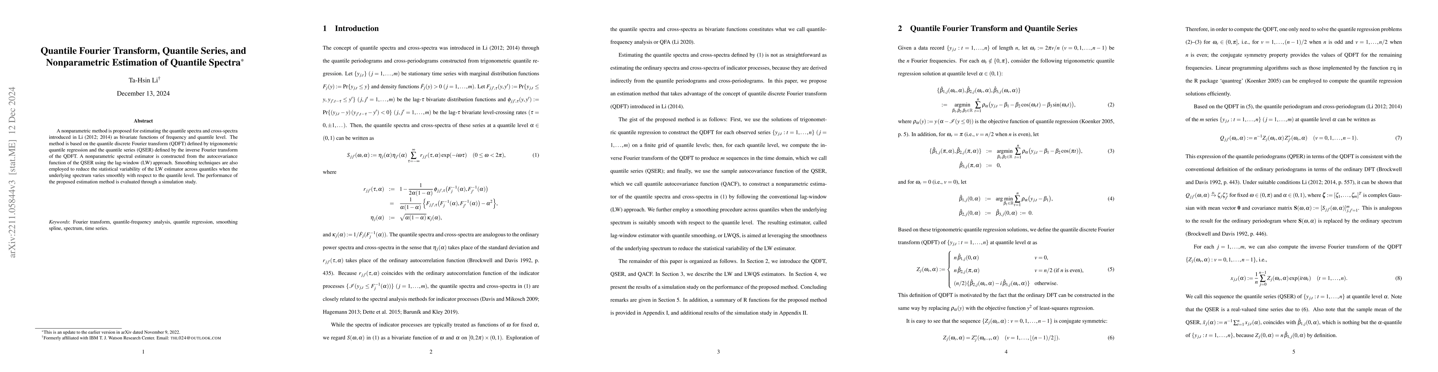Thumbnail for Quantile Fourier Transform, Quantile Series, and Nonparametric
  Estimation of Quantile Spectra