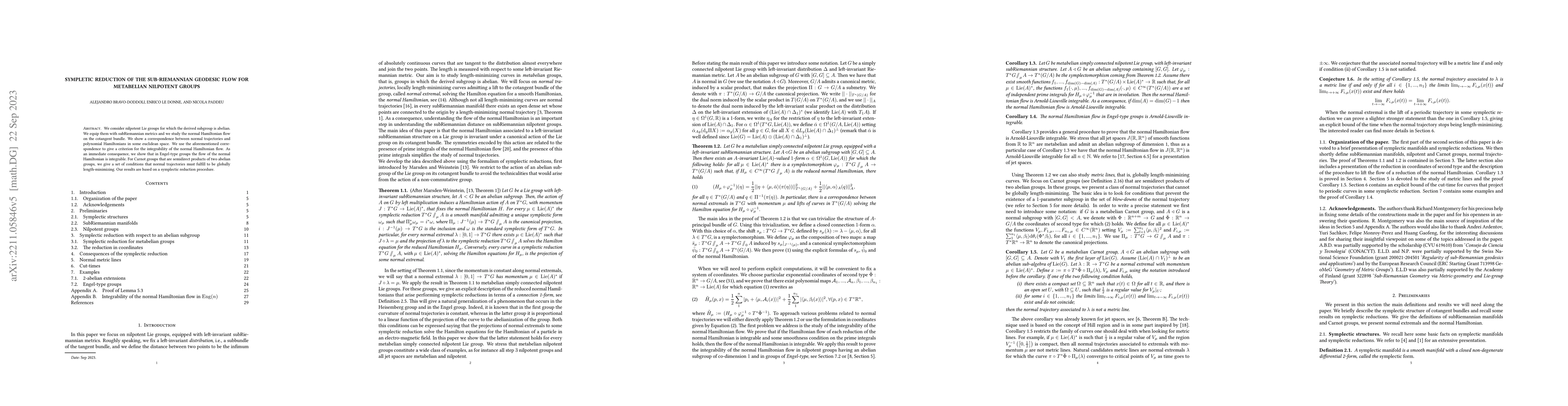 Thumbnail for Sympletic reduction of the sub-Riemannian geodesic flow for metabelian
  nilpotent groups