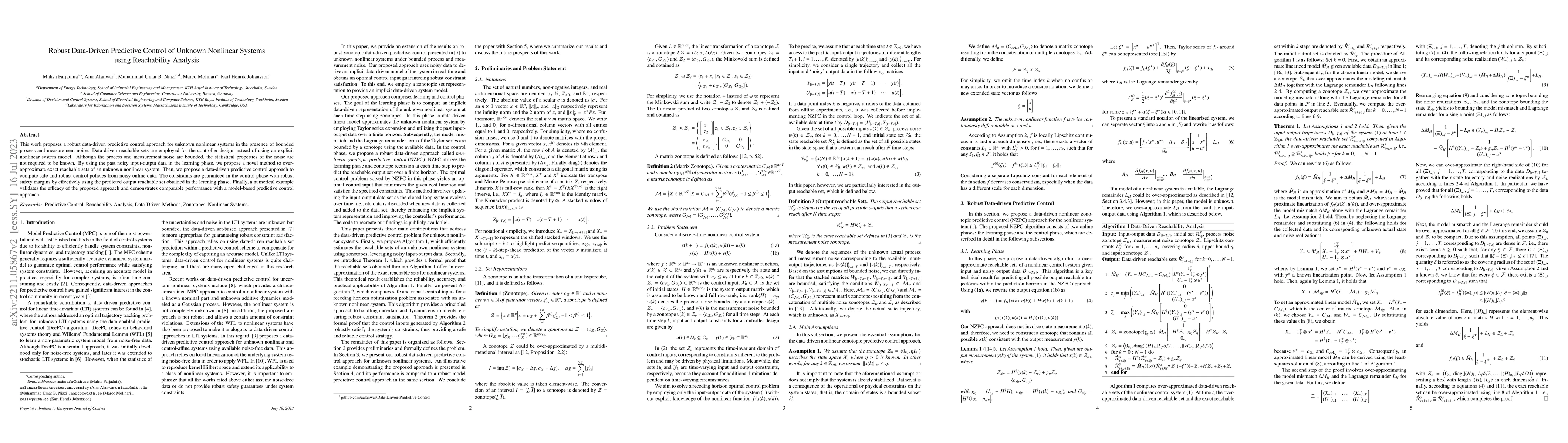 Thumbnail for Robust Data-Driven Predictive Control of Unknown Nonlinear Systems using
  Reachability Analysis