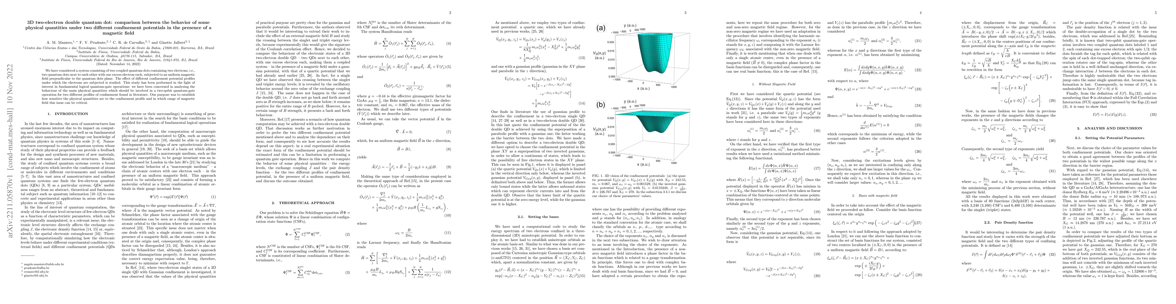 Thumbnail for 3D two-electron double quantum dot: comparison between the behavior of
  some physical quantities under two different confinement potentials in the
  presence of a magnetic field