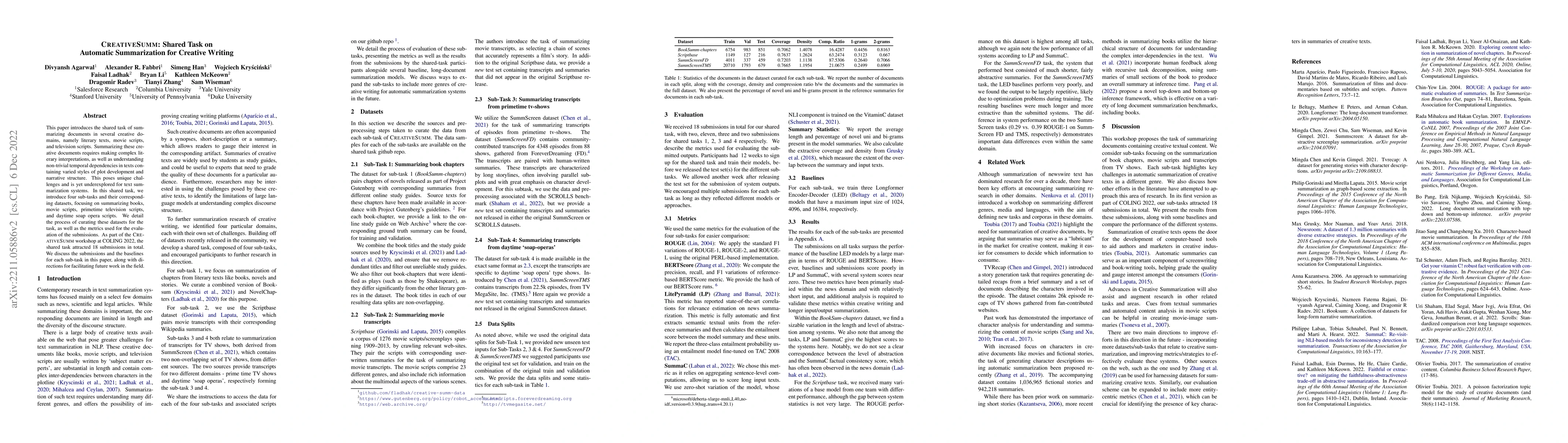 Thumbnail for CREATIVESUMM: Shared Task on Automatic Summarization for Creative
  Writing