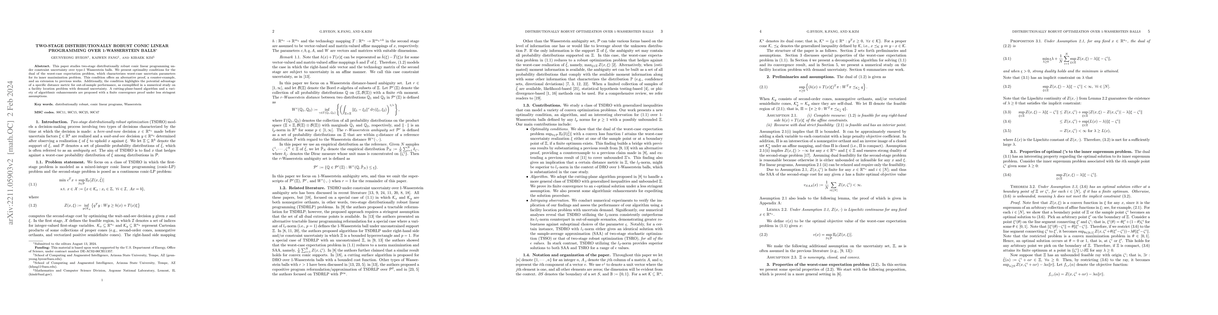 Thumbnail for Two-Stage Distributionally Robust Conic Linear Programming over
  1-Wasserstein Balls