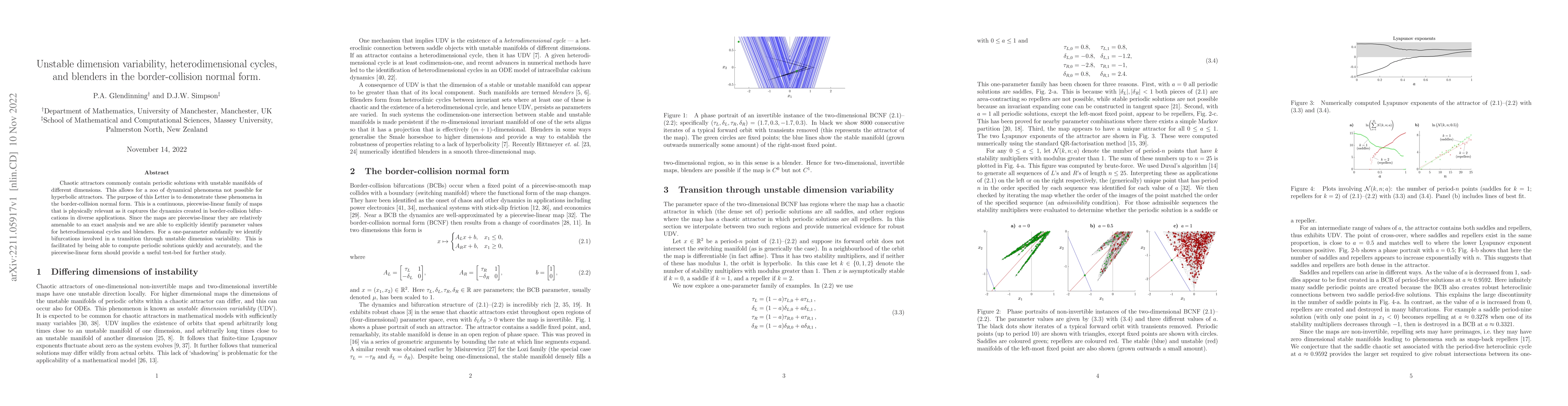 Thumbnail for Unstable dimension variability, heterodimensional cycles, and blenders
  in the border-collision normal form
