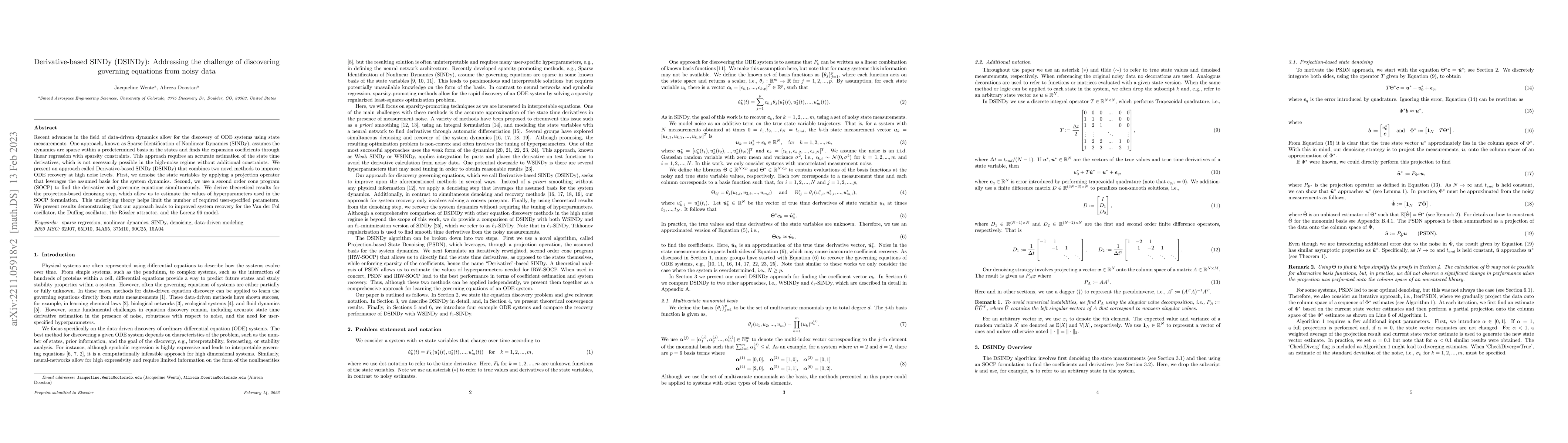Thumbnail for Derivative-based SINDy (DSINDy): Addressing the challenge of discovering
  governing equations from noisy data