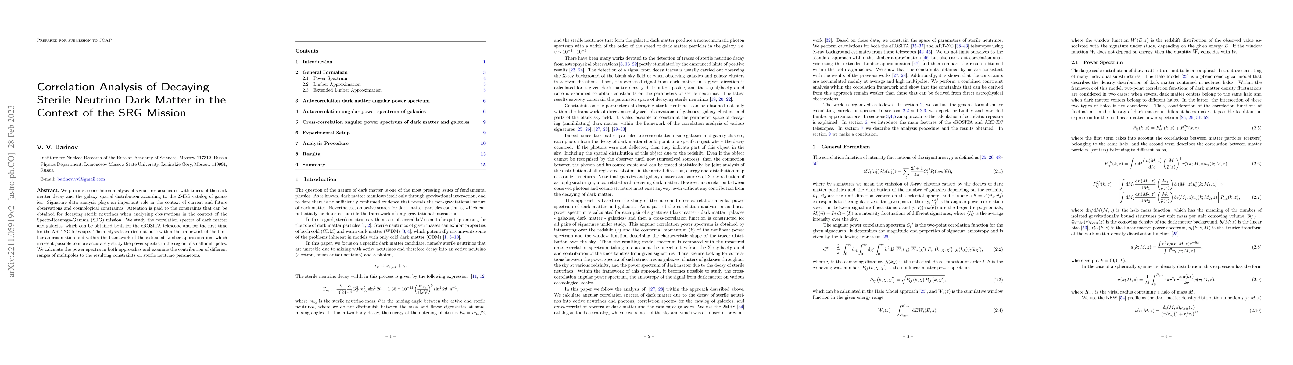 Thumbnail for Correlation Analysis of Decaying Sterile Neutrino Dark Matter in the
  Context of the SRG Mission