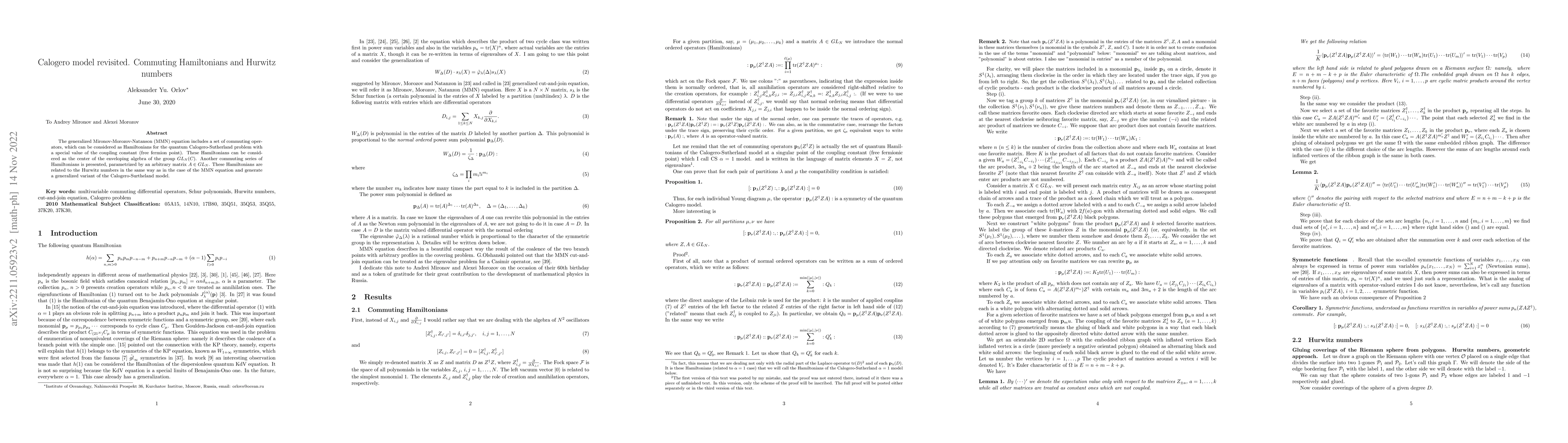Thumbnail for Calogero model revisited, commuting Hamiltonians, Hurwitz numbers