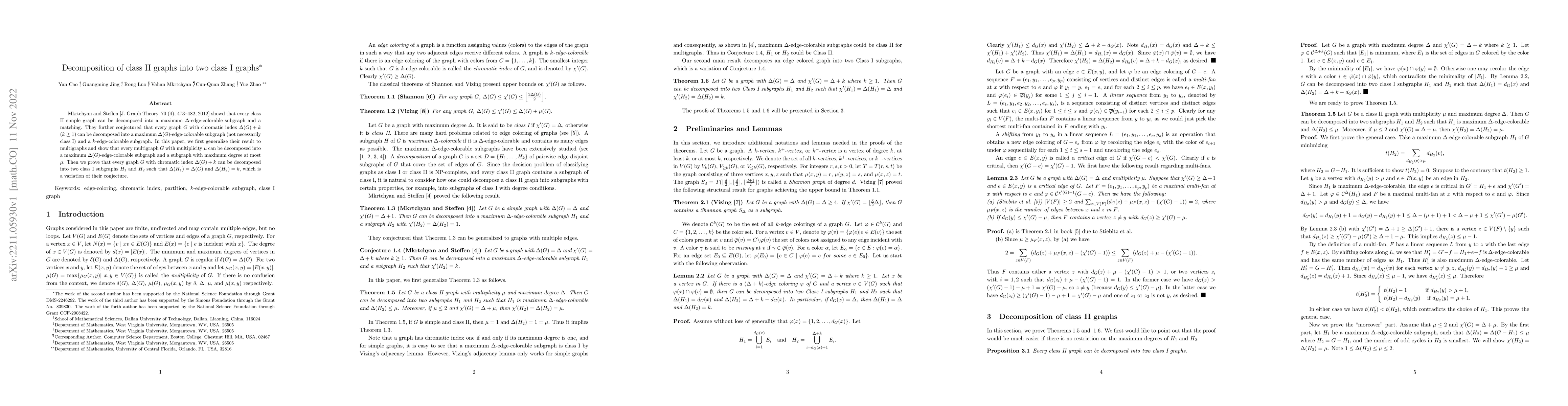 Thumbnail for Decomposition of class II graphs into two class I graphs