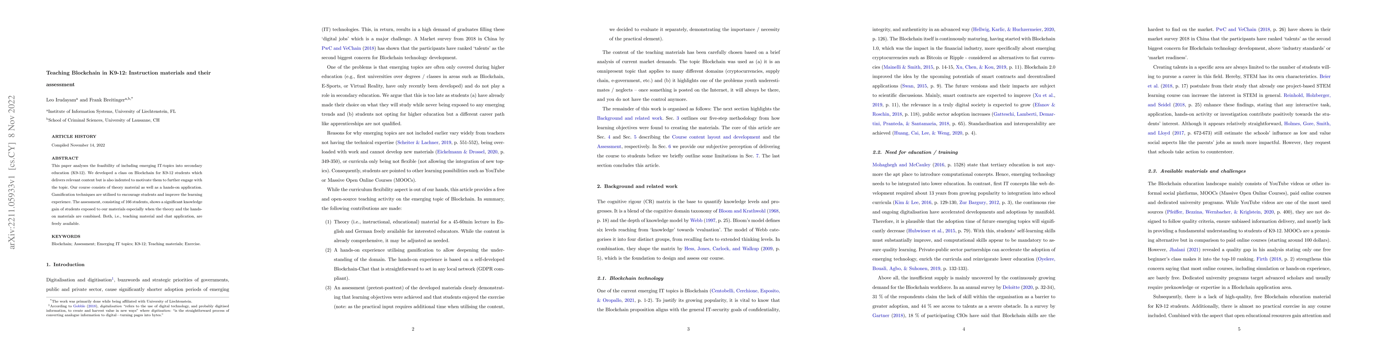 Thumbnail for Teaching Blockchain in K9-12: Instruction materials and their assessment