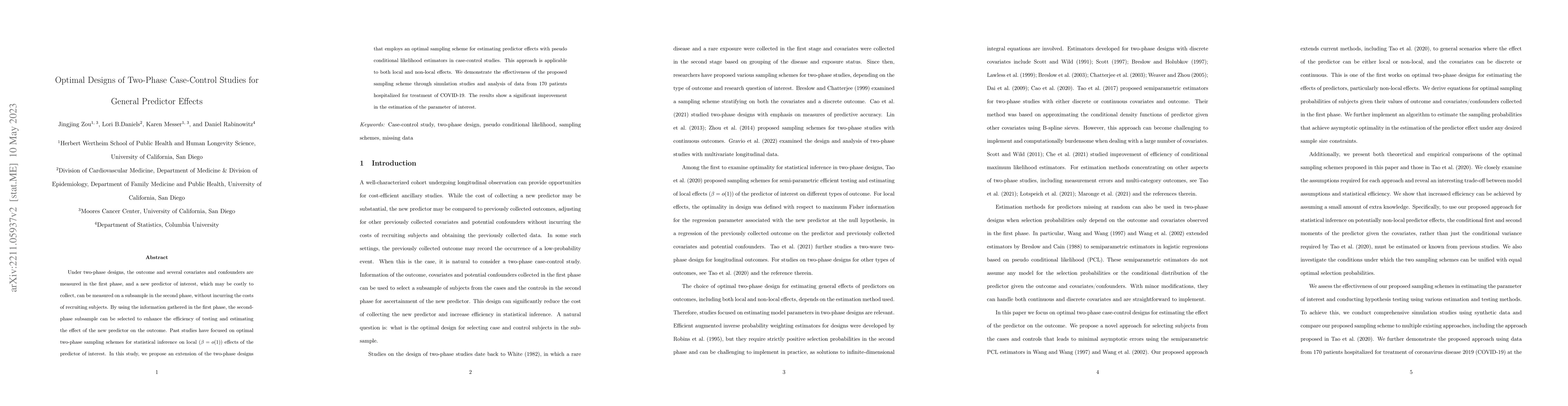 Thumbnail for Optimal Designs of Two-Phase Case-Control Studies for General Predictor
  Effects