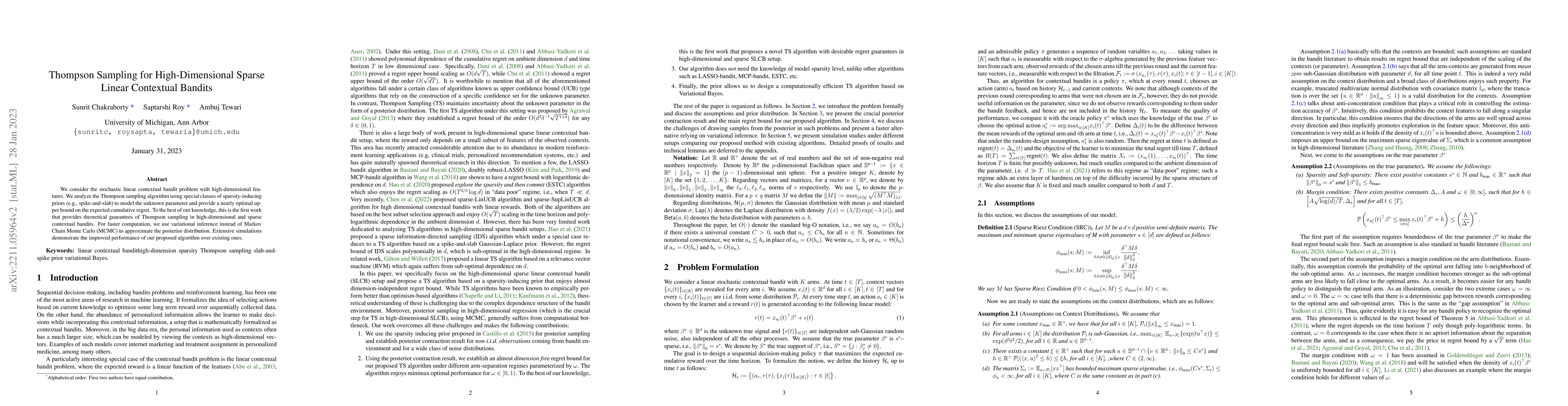 Thumbnail for Thompson Sampling for High-Dimensional Sparse Linear Contextual Bandits