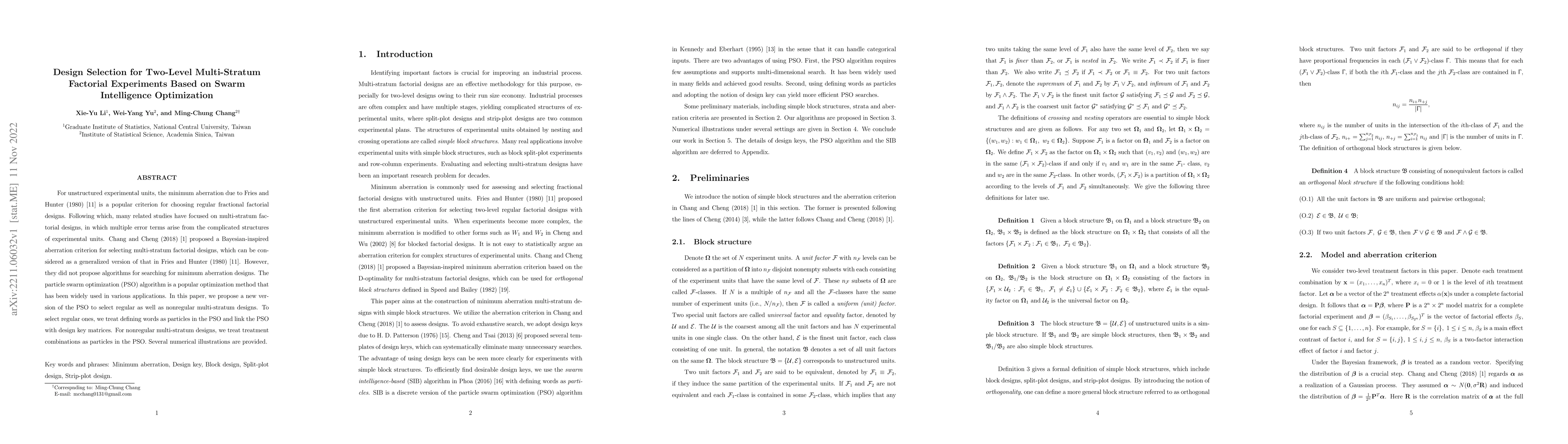 Thumbnail for Design Selection for Two-Level Multi-Stratum Factorial Experiments Based
  on Swarm Intelligence Optimization