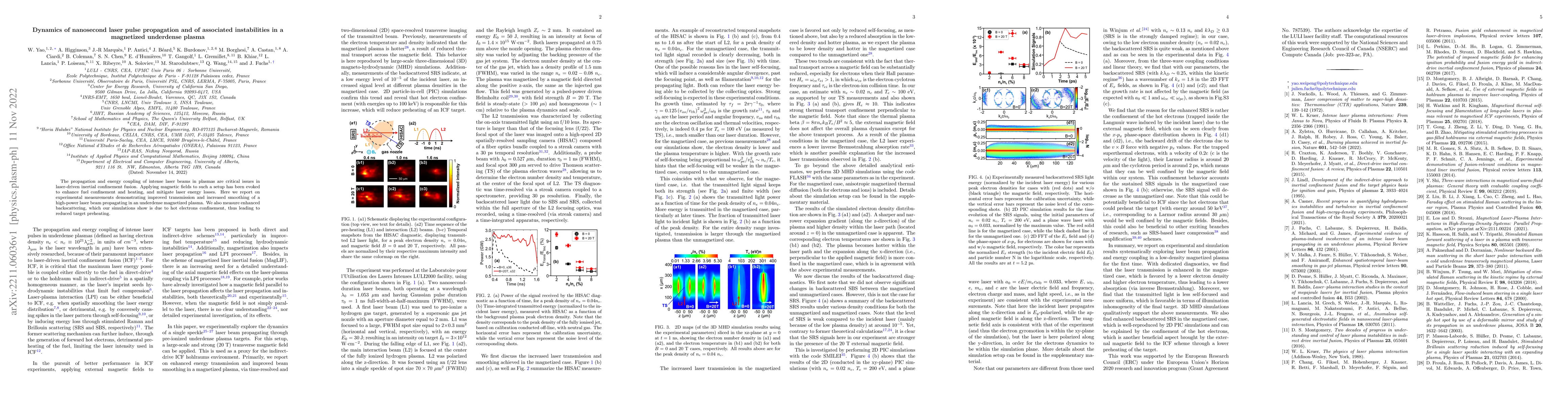Thumbnail for Dynamics of nanosecond laser pulse propagation and of associated
  instabilities in a magnetized underdense plasma