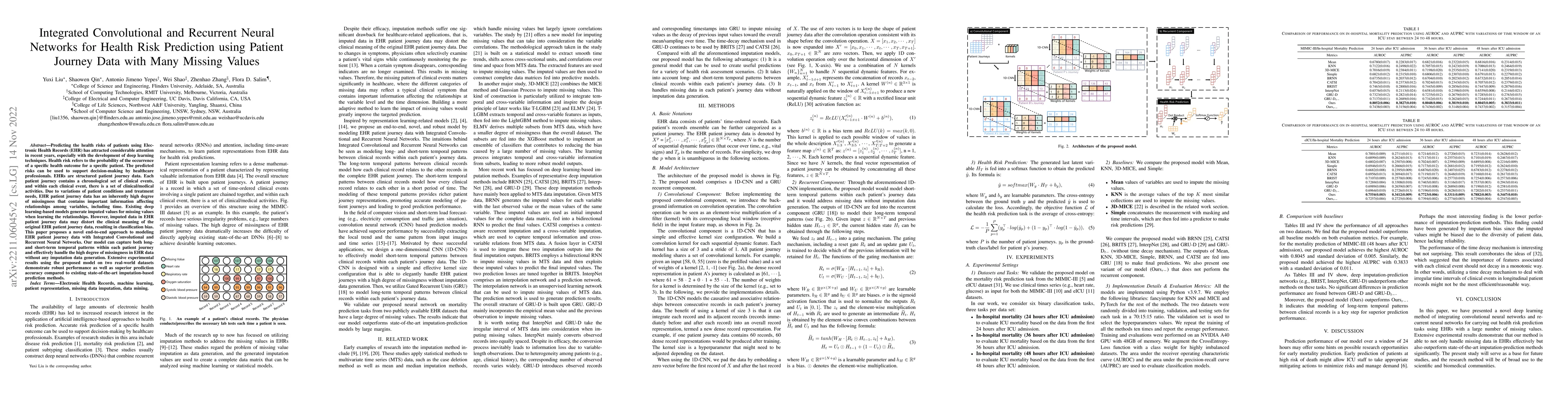 Thumbnail for Integrated Convolutional and Recurrent Neural Networks for Health Risk
  Prediction using Patient Journey Data with Many Missing Values