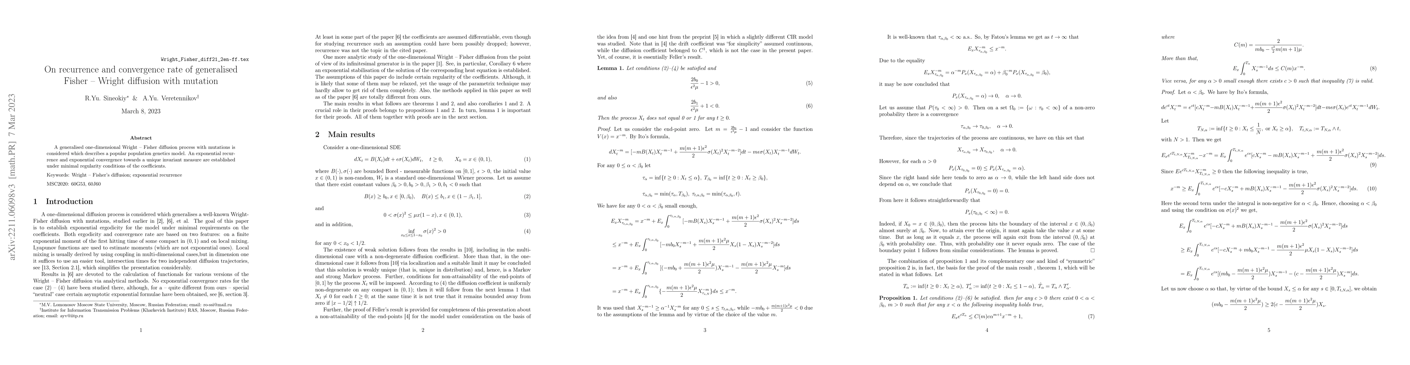 Thumbnail for On recurrent properties and convergence rates of generalised Fisher --
  Wright's diffusion with mutation