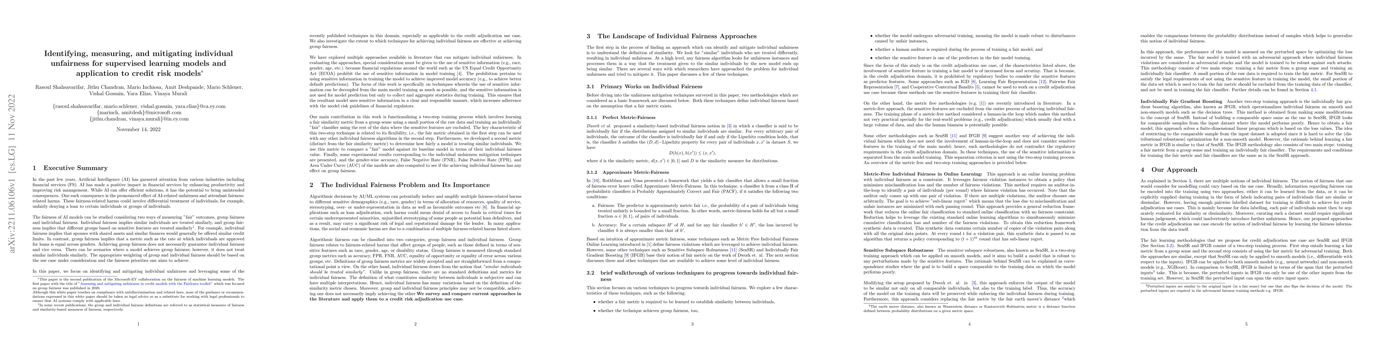 Thumbnail for Identifying, measuring, and mitigating individual unfairness for
  supervised learning models and application to credit risk models