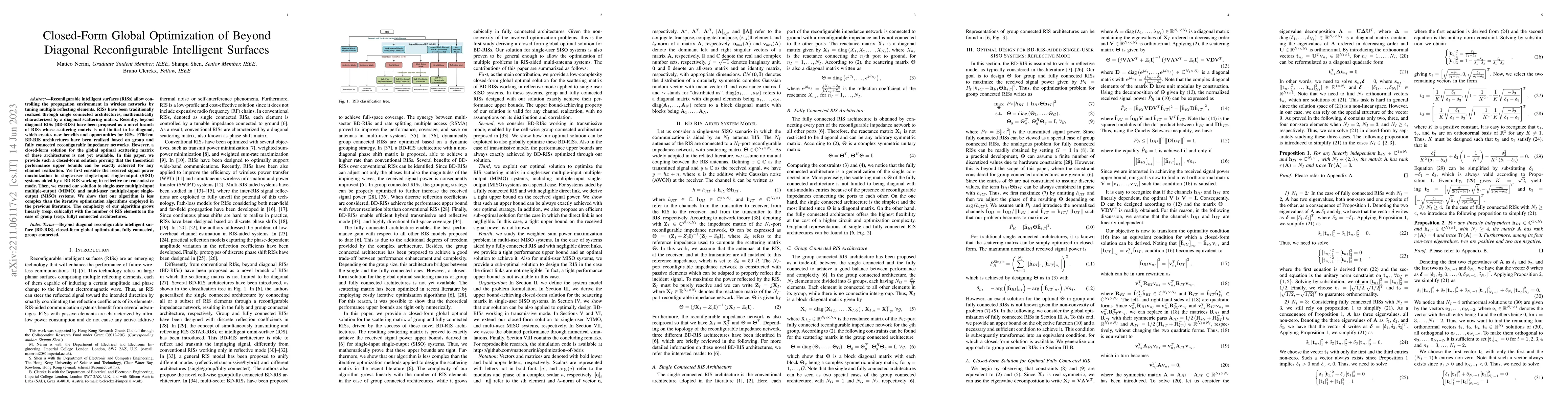 Thumbnail for Closed-Form Global Optimization of Beyond Diagonal Reconfigurable
  Intelligent Surfaces