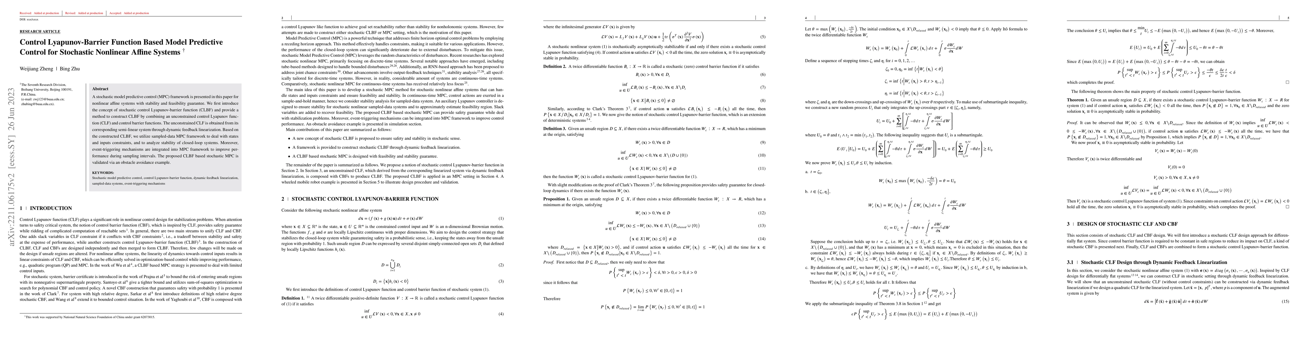 Thumbnail for Control Lyapunov-Barrier Function Based Model Predictive Control for
  Stochastic Nonlinear Affine Systems