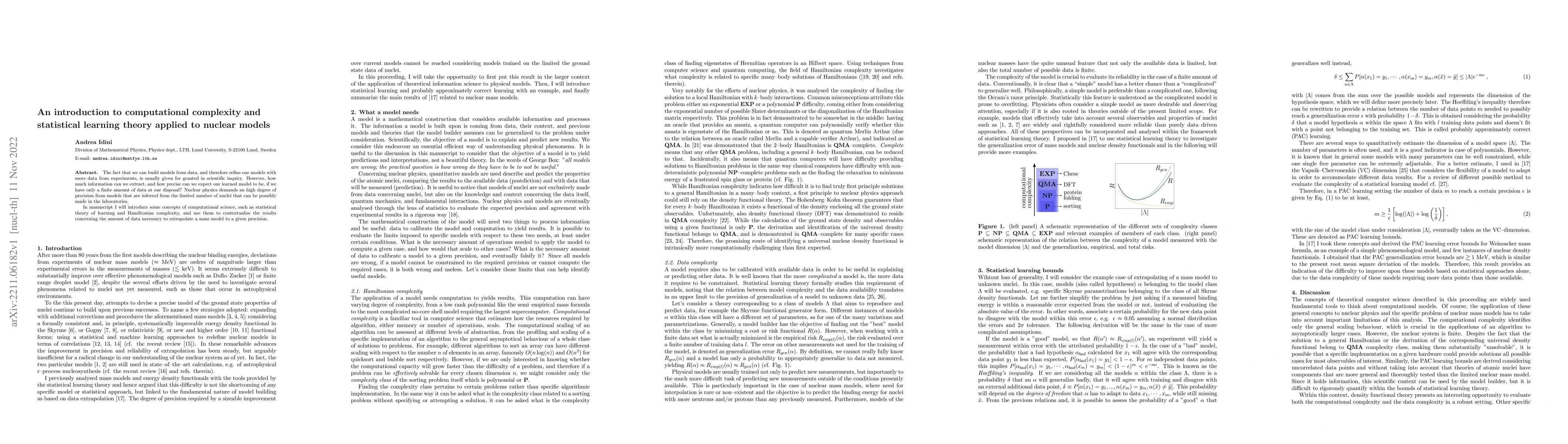 Thumbnail for An introduction to computational complexity and statistical learning
  theory applied to nuclear models