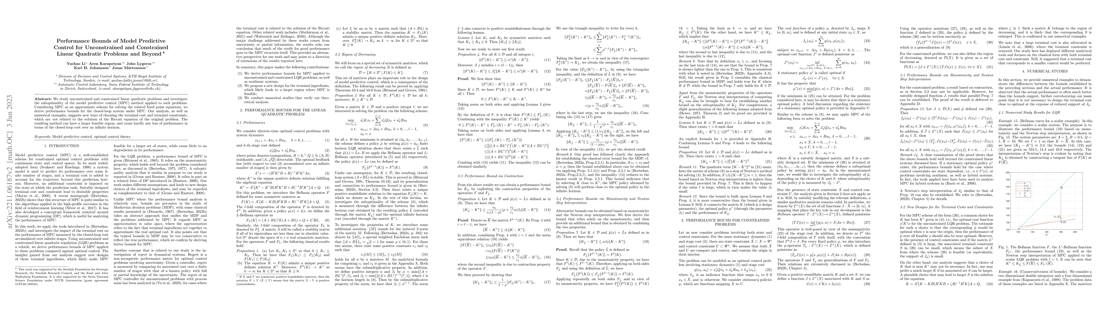 Thumbnail for Performance Bounds of Model Predictive Control for Unconstrained and
  Constrained Linear Quadratic Problems and Beyond