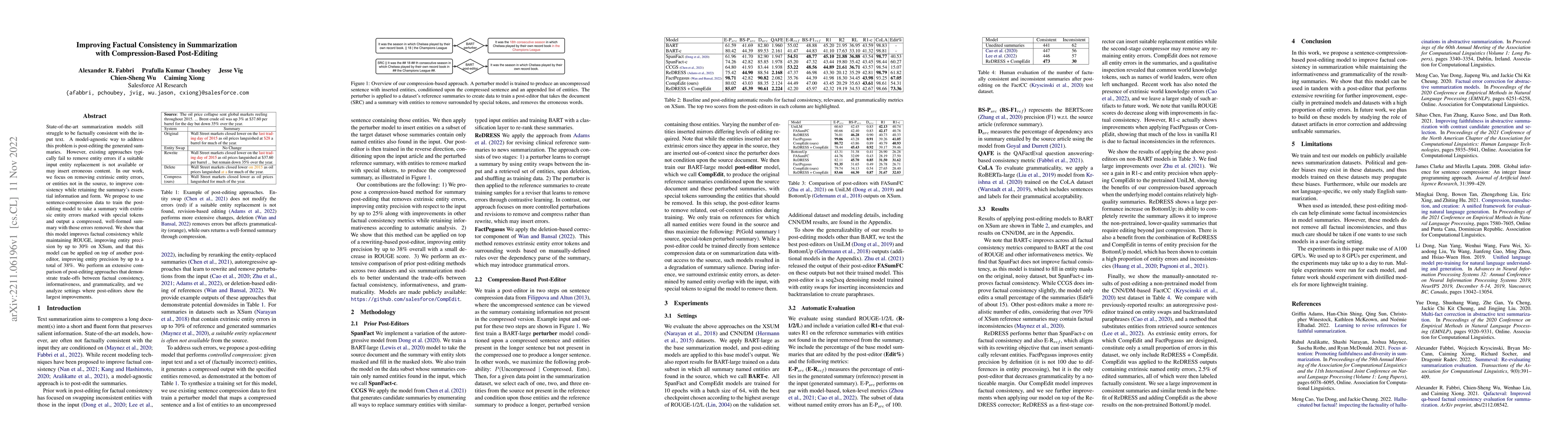 Thumbnail for Improving Factual Consistency in Summarization with Compression-Based
  Post-Editing